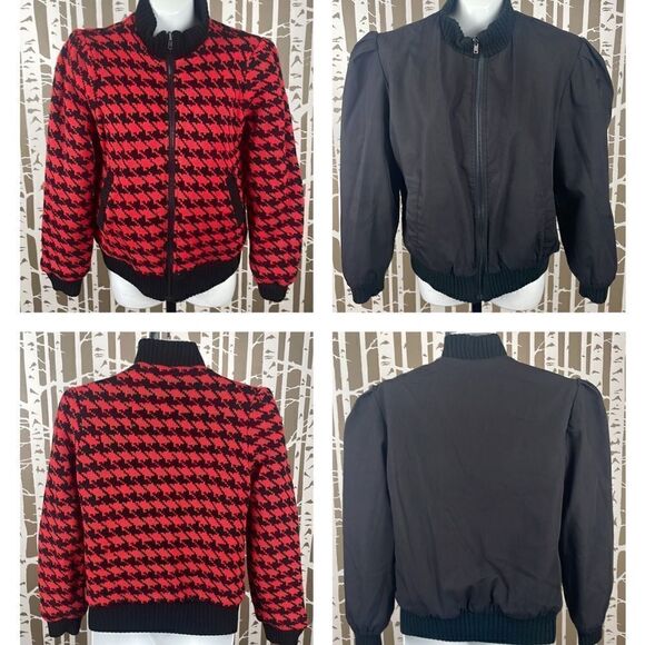 90s Vintage Red Black Houndstooth Sweater Knit Reversible Bomber Jacket - Picture 1 of 10